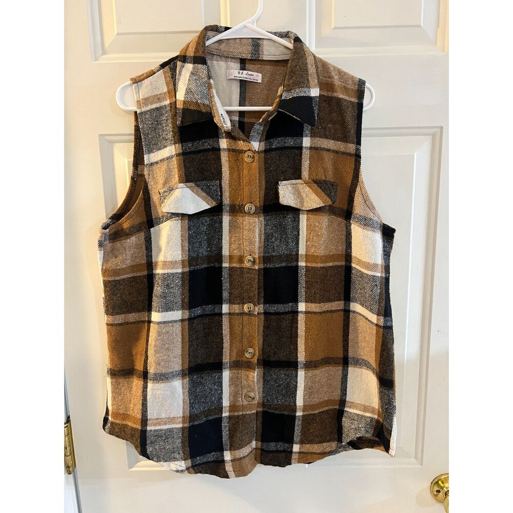 Plaid Fleece Vest Sleeveless Button Front Brown Beige Fall Cabincore Layering L